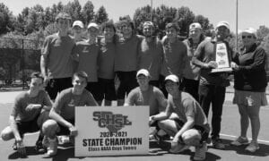 The A.C. Flora Falcons, 22-0 & 2021 Class 4A Boys Tennis State Champions (l-r): Front—Michael Davis, Rick Hewitt, William Overdyke, Myers Murphy; Back—Calhoun McCullough, William Beasley, Alex Frank, Zachary Beitz, Watts McCormick, Ethan Johnson, Lucas Jeffords, Thomas Stiles, Asst. Coach Chris Smith, and Head Coach Amy Martin.