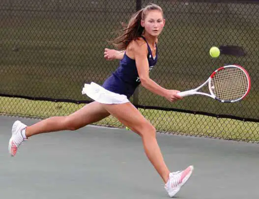 Heathwood Hall No. 1 Mary Frances Iseman lunges for a backhand in her match against Ben Lippen’s Waverly Price.