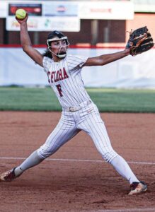 A.C. Flora’s Pressli Reynolds continued a stellar 2025 season with a complete game against Dreher where she recorded 13 strikeouts. Photo by Mike Maddock