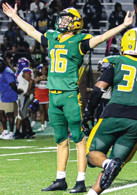 Spring Valley kicker Grady Tucker celebrates after making the game-winning 19-yard field goal in overtime. Tucker also hit a 22-yarder to send the game to overtime and a 40-yarder in the third quarter.