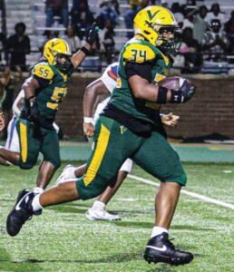Spring Valley’s Bryson Hugee returns an interception to the Cavalier 1-yard line to set up the Vikings’ first touchdown.