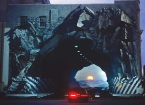 Blue Sky is best known for his work, Tunnelvision, which he painted on the wall of the Federal Land Bank in 1975. The mural was featured in People magazine in 1976 and is widely credited with igniting a nationwide interest in high concept public art. Photo courtesy of www.BlueSkyArt.com