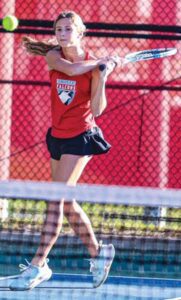 A.C. Flora No. 5 Liza Stavrou hits a backhand return in her match against Daniel’s Anna Siemens.
