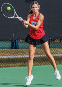 A.C. Flora No. 5 Liza Stavrou chips a backhand return in her match against Gray Collegiate’s Sidney Moore.