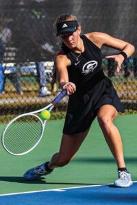 Gray Collegiate No. 3 Alisa Petushko lunges for a forehand in her match against A.C. Flora’s Carlyn Guffee.
