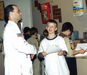 Tom Falvey with a group of Boy Scouts